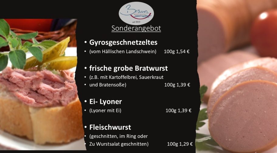 Schwarzwälder Schinken , Sonderangebot Hirtgreichte Bauernbratwurst Metzgerei Braun